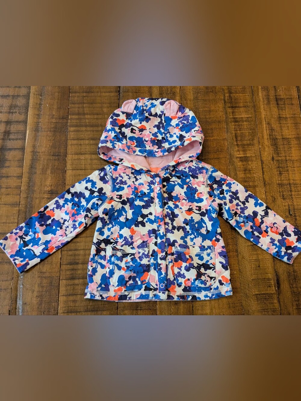 Joules Floral Print Hooded Lightweight Jacket With Pink Ears, 3-6m Excellent